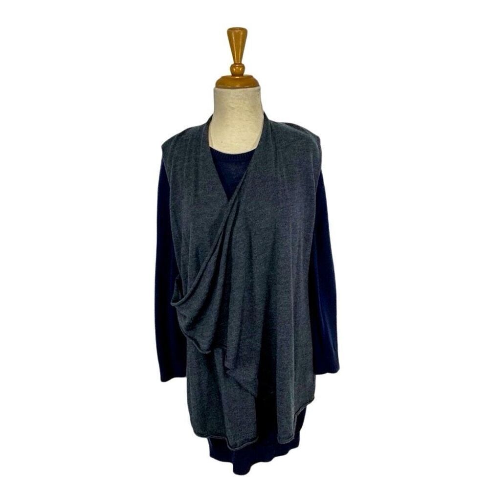 525 America M Navy Gray Sweater Dress  Merino Wool Lagenlook Art To Wear Boho
